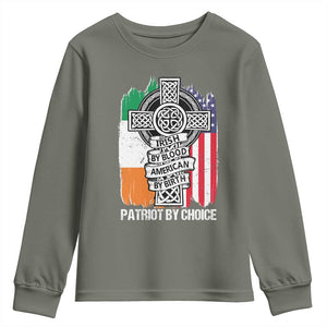 Irish By Blood American By Birth Patriot By Choice Youth Sweatshirt Celtic Cross Ireland America Flag TS09 Military Green Print Your Wear