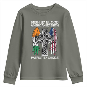 Irish By Blood American By Birth Patriot By Choice Youth Sweatshirt Ireland America Flag Celtic Cross TS09 Military Green Print Your Wear