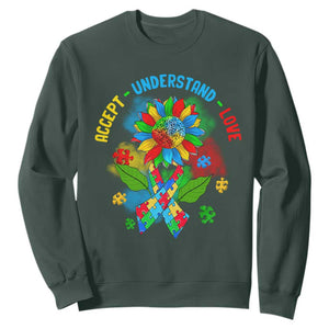 Autism Awareness Sweatshirt Accept Understand Love Rainbow Puzzle Sunflower TS09 Dark Forest Green Printyourwear