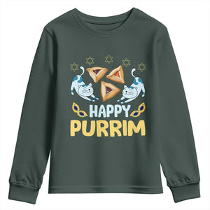 Purim Cat Youth Sweatshirt Happy Purrim Hamantash Jewish Star of David TS09 Dark Forest Green Print Your Wear