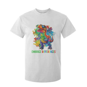 Autism Awareness T Shirt For Kid Embrace Differences Puzzle Dinosaur TS09 White Printyourwear