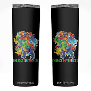 Autism Awareness Skinny Tumbler Embrace Differences Puzzle Dinosaur TS09 Black Print Your Wear