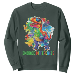 Autism Awareness Sweatshirt Embrace Differences Puzzle Dinosaur TS09 Dark Forest Green Printyourwear