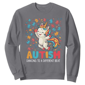 Autism Awareness Sweatshirt Puzzle Unicorn Dancing To A Different Beat TS09 Charcoal Printyourwear