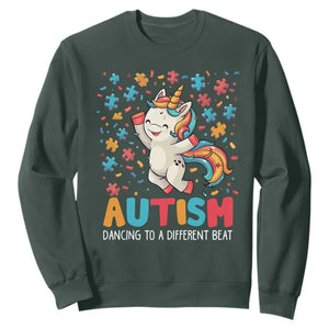 Autism Awareness Sweatshirt Puzzle Unicorn Dancing To A Different Beat TS09 Dark Forest Green Printyourwear