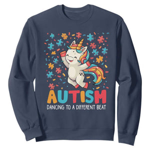 Autism Awareness Sweatshirt Puzzle Unicorn Dancing To A Different Beat TS09 Navy Printyourwear
