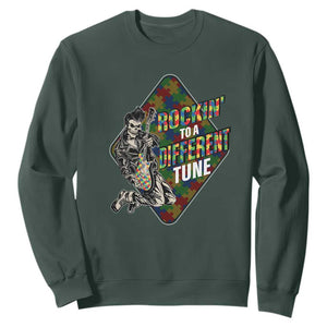 Autism Awareness Sweatshirt Rockin' To A Different Tune Skeleton TS09 Dark Forest Green Printyourwear