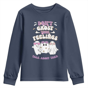 School Counselor Halloween Youth Sweatshirt Don't Ghost Your Feelings Spooky Mental Health TS09 Navy Print Your Wear