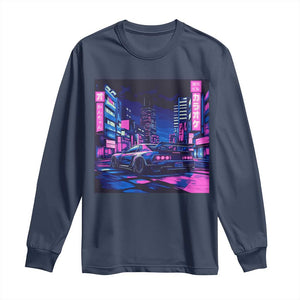 Tokyo Night Drive Long Sleeve Shirt Retro Futuristic JDM Street Racing Aesthetic TS09 Navy Print Your Wear