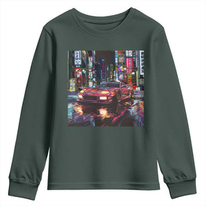 Tokyo Night Racer Youth Sweatshirt JDM Street Racing Neon Aesthetic TS09 Dark Forest Green Print Your Wear