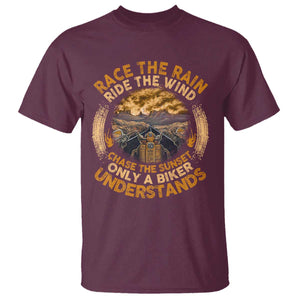 Motorcycle Rider T Shirt Race The Rain Ride The Wind Chase The Sunset TS09 Maroon Print Your Wear