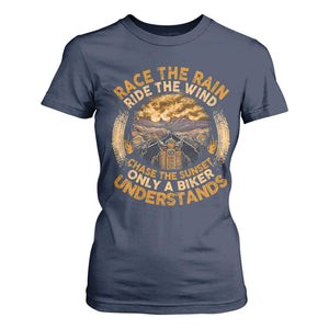 Motorcycle Rider T Shirt For Women Race The Rain Ride The Wind Chase The Sunset TS09 Navy Print Your Wear