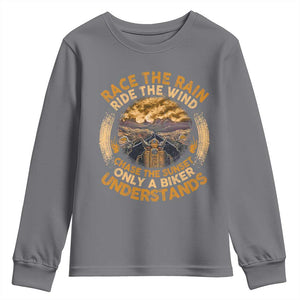 Motorcycle Rider Youth Sweatshirt Race The Rain Ride The Wind Chase The Sunset TS09 Charcoal Print Your Wear