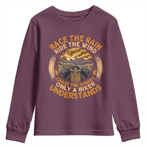 Motorcycle Rider Youth Sweatshirt Race The Rain Ride The Wind Chase The Sunset TS09 Maroon Print Your Wear