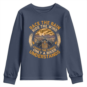 Motorcycle Rider Youth Sweatshirt Race The Rain Ride The Wind Chase The Sunset TS09 Navy Print Your Wear