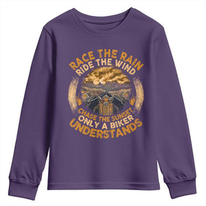 Motorcycle Rider Youth Sweatshirt Race The Rain Ride The Wind Chase The Sunset TS09 Purple Print Your Wear