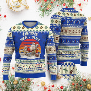 Tropical Xmas Ugly Christmas Sweater Tis The Sea Sun Santa At The Beach TS09 Blue Print Your Wear