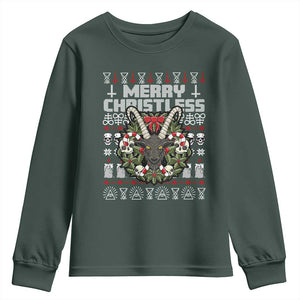 Anti Christmas Youth Sweatshirt Merry Christless Satan Baphomet Wreath TS09 Dark Forest Green Print Your Wear