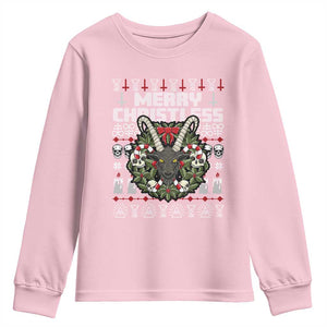 Anti Christmas Youth Sweatshirt Merry Christless Satan Baphomet Wreath TS09 Light Pink Print Your Wear