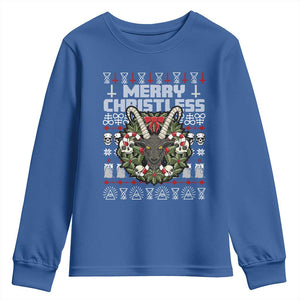 Anti Christmas Youth Sweatshirt Merry Christless Satan Baphomet Wreath TS09 Royal Blue Print Your Wear