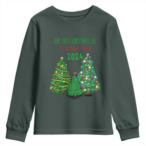 First Christmas As A family Of Three Youth Sweatshirt TS09 Dark Forest Green Print Your Wear