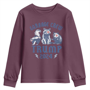 Trump 2024 Youth Sweatshirt Garbage Crew Team Trash Raccoon Opossum Rat TS09 Maroon Print Your Wear