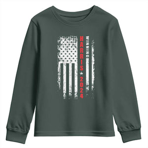 Kamala 2024 Youth Sweatshirt Harris Winning US President American Flag Patriotic TS09 Dark Forest Green Print Your Wear