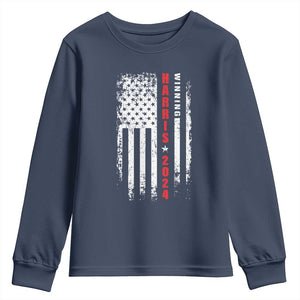 Kamala 2024 Youth Sweatshirt Harris Winning US President American Flag Patriotic TS09 Navy Print Your Wear