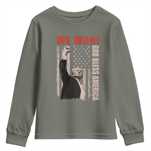 Trump 2024 Youth Sweatshirt We Won God Bless America TS09 Military Green Print Your Wear