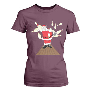 Christmas Bowling T Shirt For Women Funny Santa Playing Bowling Merry Christmas TS09 Maroon Print Your Wear