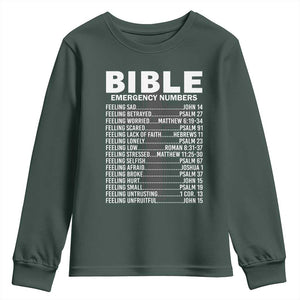 Christian Youth Sweatshirt Bible Emergency Number TS09 Dark Forest Green Print Your Wear