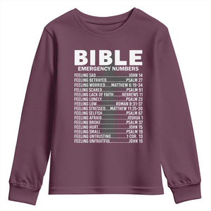 Christian Youth Sweatshirt Bible Emergency Number TS09 Maroon Print Your Wear