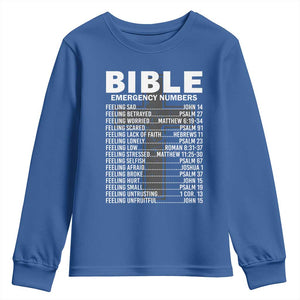 Christian Youth Sweatshirt Bible Emergency Number TS09 Royal Blue Print Your Wear