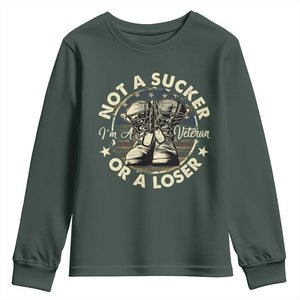 Not A Sucker Or A Loser Youth Sweatshirt Veterans Day Patriotic American Flag TS09 Dark Forest Green Print Your Wear