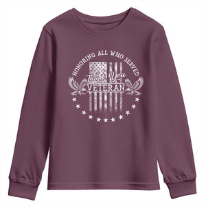 Veterans Day Youth Sweatshirt Honoring All Who Served Thank You TS09 Maroon Print Your Wear