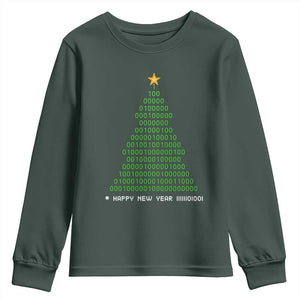 Funny Binary Christmas Tree Youth Sweatshirt HAPPY NEW YEAR 11111101001 TS09 Dark Forest Green Print Your Wear