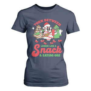 Funny Christmas Cake T Shirt For Women Torn Between Looking' Like a Snack TS09 Navy Print Your Wear