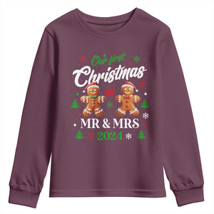 Our First Christmas As Mr Mrs 2024 Youth Sweatshirt Cute Gingerbread Couple TS09 Maroon Print Your Wear