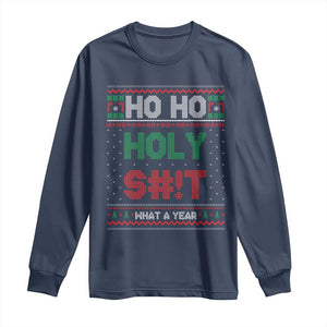 Funny Christmas Long Sleeve Shirt Ho Ho Holy S#!t What A Year - PrintYourWear Size: S Color: Navy