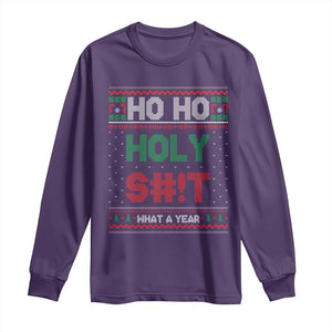 Funny Christmas Long Sleeve Shirt Ho Ho Holy S#!t What A Year - PrintYourWear Size: S Color: Purple
