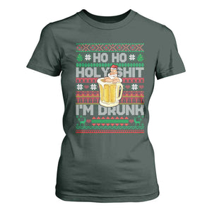 Funny Christmas T Shirt For Women Ho Ho Holy Shit I'm Drunk Santa Drinking Beer TS09 Dark Forest Green Print Your Wear