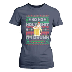Funny Christmas T Shirt For Women Ho Ho Holy Shit I'm Drunk Santa Drinking Beer TS09 Navy Print Your Wear