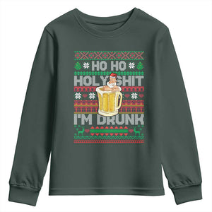 Funny Christmas Youth Sweatshirt Ho Ho Holy Shit I'm Drunk Santa Drinking Beer TS09 Dark Forest Green Print Your Wear