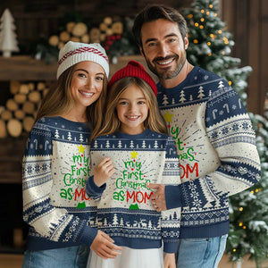 My First Christmas As Mom Family Matching Ugly Christmas Sweater TS09 Navy Print Your Wear