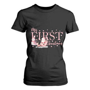 Cute First Christmas T Shirt For Women Pink Santa Snowman TS09 Black Print Your Wear