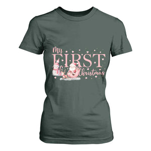 Cute First Christmas T Shirt For Women Pink Santa Snowman TS09 Dark Forest Green Print Your Wear