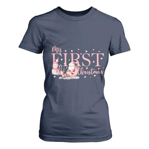 Cute First Christmas T Shirt For Women Pink Santa Snowman TS09 Navy Print Your Wear