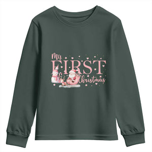Cute First Christmas Youth Sweatshirt Pink Santa Snowman TS09 Dark Forest Green Print Your Wear