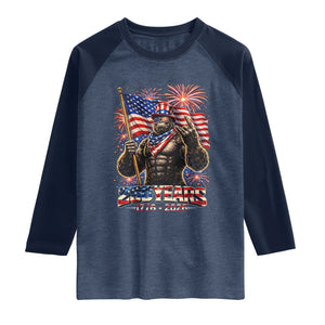 Bigfoot 250th Anniversary Raglan Shirt USA Independence 250 Years Of Freedom 1776 2026 Patriotic Flag TS10 Heather Denim Navy Print Your Wear