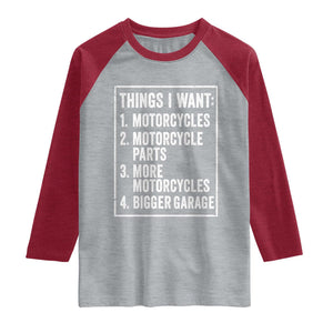 Funny Motorcycle Lovers Raglan Shirt Things I Want Vintage Garage Graphic Bikers Club TS10 Heather Gray Heather Red Print Your Wear